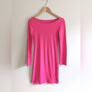 Hot Pink Cotton Long-Sleeve Bodycon Midi Dress